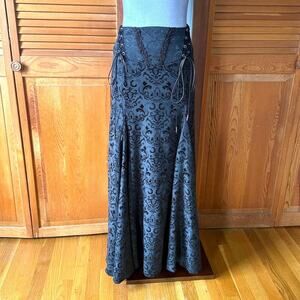 Gothic Victorian Steampunk Vkei Black Brocade Lace Up Sides Skirt S